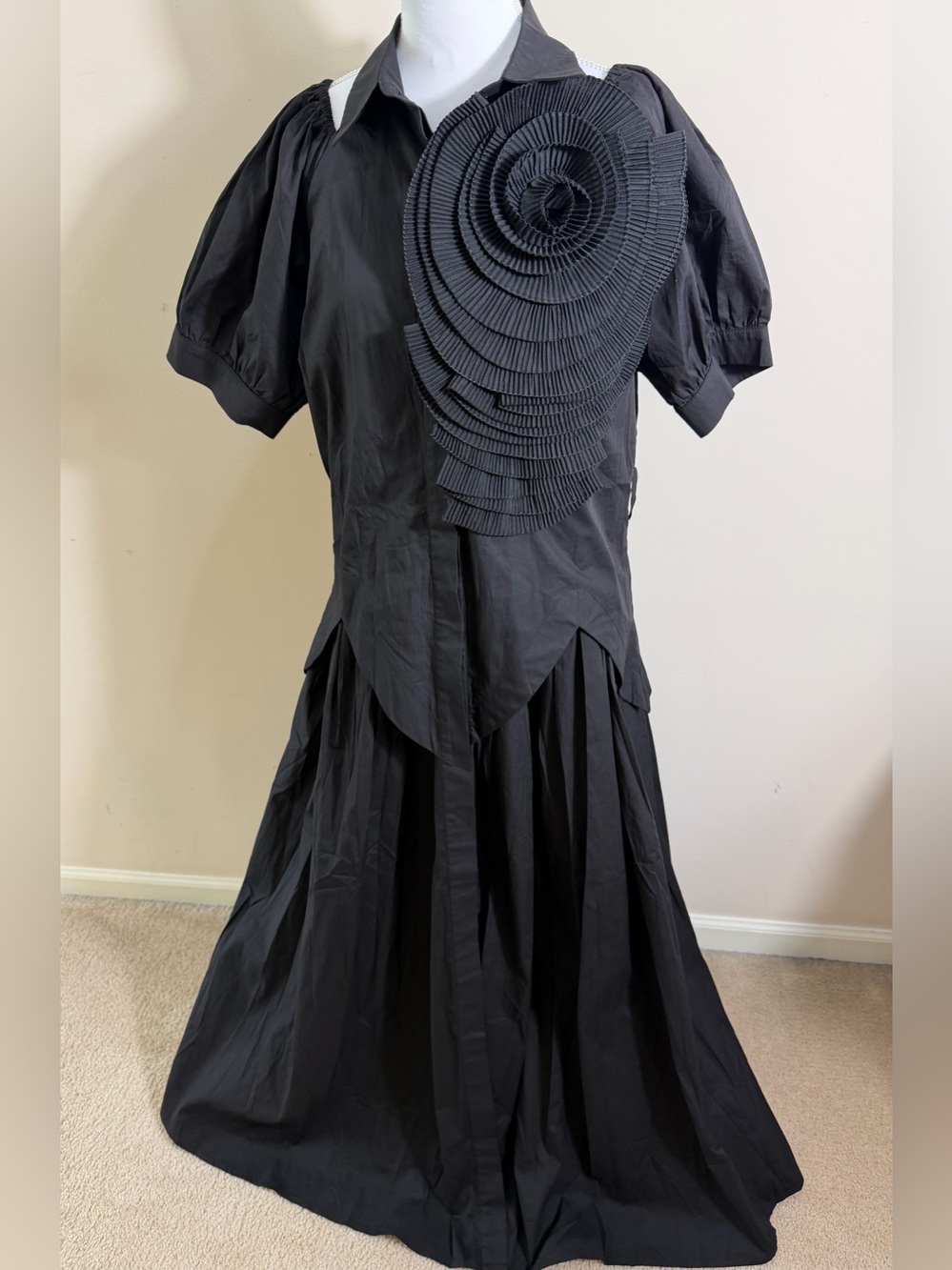 Dramatic Long Black Dress with Button Down & Short Sleeve with Collar Size Large